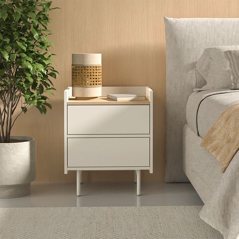 Comodino camera da letto Velina, Crema, 48 x 58 cm con 2 cassetti, Vicco