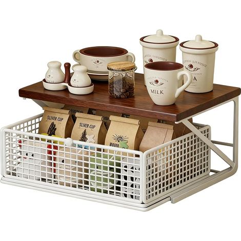 Organisateur de cuisine en métal à 1 niveau, plan de travail, tiroir extensible, étagère de rangement de table multifonction pour collations, sachets de thé et petits appareils, organisateur peu (1/5)