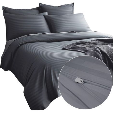 Bettwäsche-Set 200x220 Satin 100% Baumwolle anthrazitfarbene klassische Streifen (1/5)