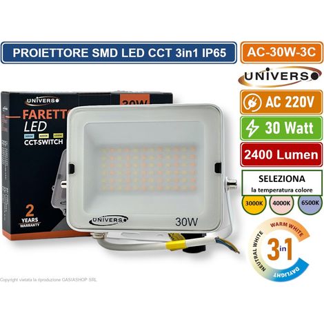 UNIVERSO AC-30W-3C FARO PROIETTORE SMD LED FLOODLIGHT 30W SLIM IP65 COLORE BIANCO CCT 3in1 COLORE LUCE SELEZIONABILE (1/5)