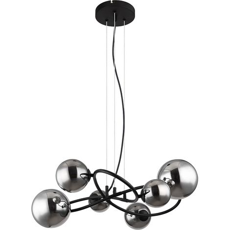 Pendelleuchte 6 flammig LED Hängelampe Wohnzimmer Esstischleuchte Rauchglas, Metall schwarz, 6x 3,5W 6x 350lm warmweiß, LxH 62,2 x 120 cm