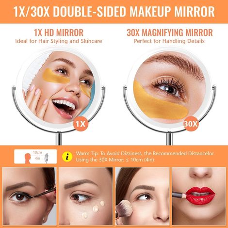 Miroir Maquillage Grossissant 1X et 30X Double Face, Miroir de Table avec Support Rotation à 360°, Pivote à Deux Côtés pour Chambre et Salle de Bain, Diamètre 20cm (1/4)
