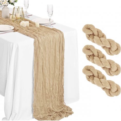 Lot de 3 Chemins de Table, 90 x 300cm en Tissu de Gaze Rustique,Beige décoration de Table de Mariage Nappe pour fête de Douche Nuptiale décorations de Table (1/5)