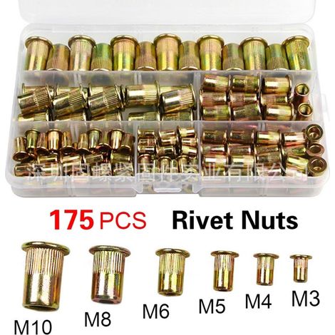 175-teiliges Nietmuttern-Set, verzinkter Gewindenietsatz aus Karbonstahl, Blindnietmuttern-Sortiment für Metall, Holz, Aluminium (M3/M4/M5/M6/M8/M10)
