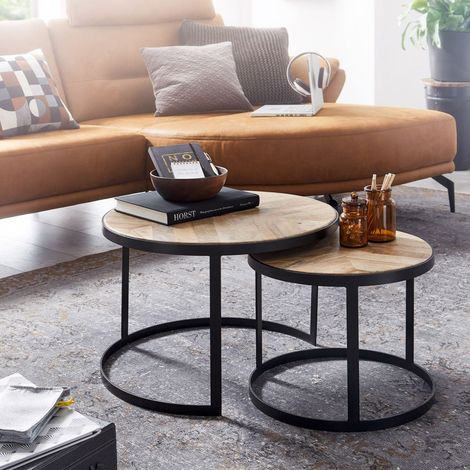 Lot de 2 tables gigognes rondes 60 et 44 cm en acacia massif et fer (1/5)