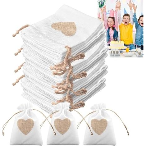 Lot de 24 petits sachets en toile de jute - 10 x 14 cm - Avec cordon de serrage - Naturels - Avec cœur - En toile de jute à remplir - Pour bijoux, bricolage, mariage, fête (blanc) (1/4)
