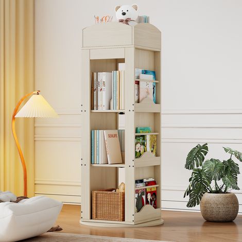Estantería giratoria para libros de 4 niveles 360° de MDF 63 x 63 x 142 cm color natural OKWISH (1/5)