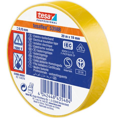 Ruban d'isolation électrique Tesa SPVC ELECTRICAL en PVC Jaune 20m x 19mm x 0.15mm ( Prix pour 1 )