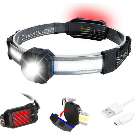 Lampe Frontale - 500 Lumen - Réglable 90° - Étanche IPX4 - Rechargeable USB - 10 Modes (7 Avant + 3 Arrière) - Pour Randonnée Camping Ski Réparation Urgence
