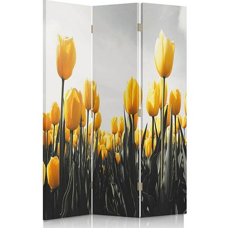 Paravent Décoratif Tulipes Jaunes pour une Ambiance Zen - 110 x 180 cm - 1 face déco, 1 face noir