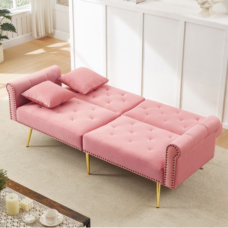 2-Sitzer-Schlafsofa 147x85 cm rosa mit Samtbezug, Schaumstoffpolsterung und 3-fach verstellbaren Rückenlehnen (1/5)