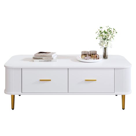 Table basse avec tiroirs et angles arrondis – Table de salon aux côtés ondulés, poignées et pieds dorés – Table d'appoint