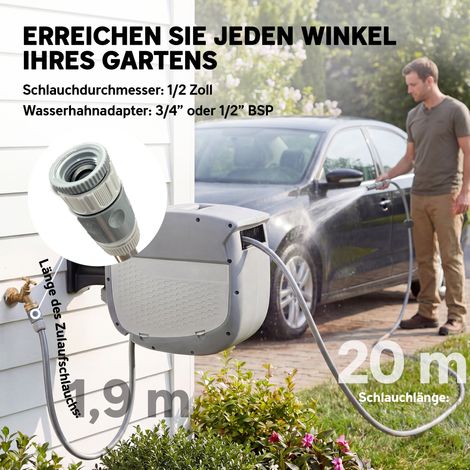 Enrouleur automatique pour tuyau d'arrosage 20 m, coffret pivotant 180° avec système de verrouillage automatique et rembobinage intégré.