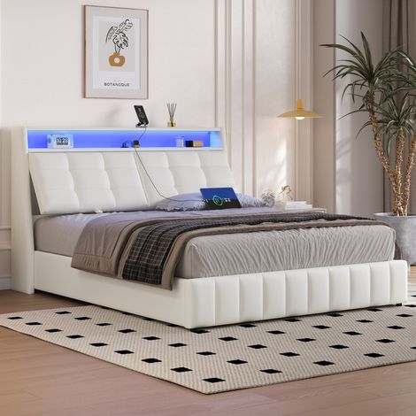 Doppelbett 160x200cm mit verstellbarem LED-USB-Kopfteil, MDF-Sperrholz, bezogen mit weißem PU-Leder (Matratze nicht im Lieferumfang enthalten)