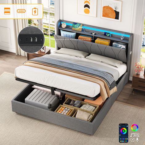 4ft6 Double Upholstered Bed Frame with Hydraulic Storage, LED Headboard with Charging Station and Concealed Headboard Storage, USB and Type - C Ports, Linen, No Box Spring Needed, Grey (No Mattress)