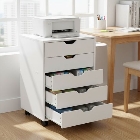 Armoire à tiroirs à roulettes avec 5 tiroirs, meuble de classement mobile blanc, parfait sous un bureau pour la maison ou le bureau (1/5)