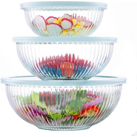 Lot de 3 Bols à Mélanger en Verre, 3.5L 2L 1L, Couvercles Hermétiques, Résistants Four Micro-ondes, pour Cuisine Pâtisserie
