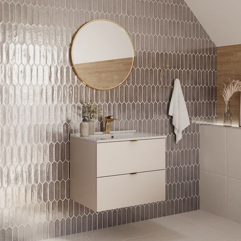 Badmöbel-Set 2-teilig mit Waschtisch 60 cm & LED-Spiegel, in Beige - DURANGO-56 (1/5)