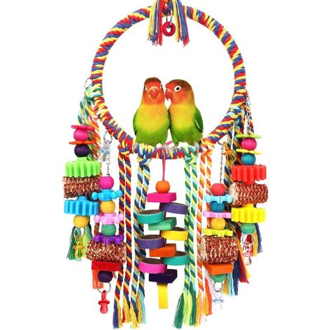 Jouet pour Oiseaux avec Corde, Balançoire et Perchoir – Accessoires à Mâcher en Maïs, Carton, Bagel et Blocs de Bois pour Perruches, Conures, Inséparables et Petits Oiseaux (1/5)
