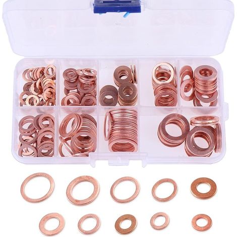 Lot de 200 rondelles plates en cuivre, assortiment de rondelles métriques en cuivre, 9 tailles différentes en cuivre, assortiment de rondelles plates (M5/M6/M8/M10/M12/M14), (1/5)