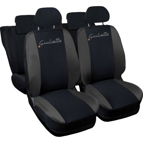 Lupex shop - Coprisedili Auto Compatibili per Giulietta, Made In Italy, set di copri sedili anteriori e posteriori con copri poggiatesta incluso, tessuto poliestere, colore - Nero - Grigio Scuro (1/3)