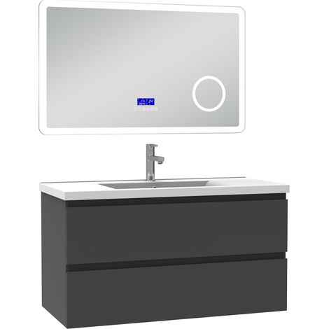 Acezanble ensemble meuble 100 cm anthracite avec 2 tiroirs à fermeture automatique, lavabo céramique simple + miroir salle de bain Bluetooth tricolore, suspendu (1/5)