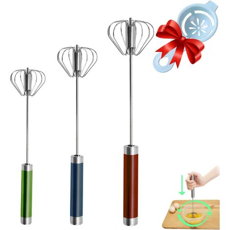 Halbautomatischer Schneebesen, Schneebesen aus Edelstahl, Schneebesen mit Drehschieber zum Zubereiten von Cremes, Schlagen, Mischen und Rühren (3 Farben)