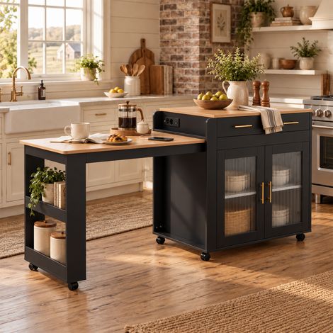 Îlot central de cuisine 177x60x89.5cm avec table haute extensible pour 2 à 4 personnes, rangements, prise et ports USB-A/C, noir (1/5)