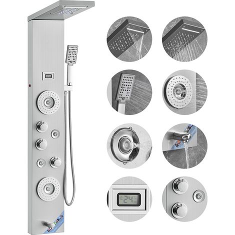 VEVOR Sistema Pannello Doccia, 6 Modalita Doccia, LED e Display Pannello Doccia Torre, Pioggia, Cascata, Bocca per Vasca, Soffione Doccia a Mano, Tubo da 59", Set Doccia a Parete in Acciaio Inox