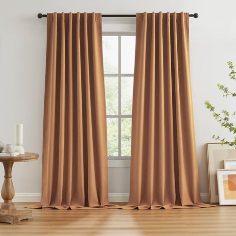 Lot de 2 Panneaux de Rideaux occultants Extra Longs en Lin pour Salon et Chambre à Coucher Système de Sangle avec Crochet et Languette arrière Style bohème Orange Ocre 127 (1/5)