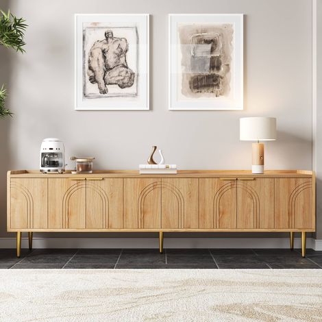 Meuble TV 170 cm, meuble bas de salon à 4 portes avec pieds en métal et étagères, en MDF, naturel (1/5)