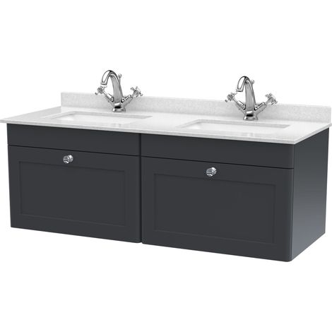 Swynnerton Traditional 2 Drawer Wall Hung Vanity Unit with Double Marble Basin, Dark Grey, 1200mm