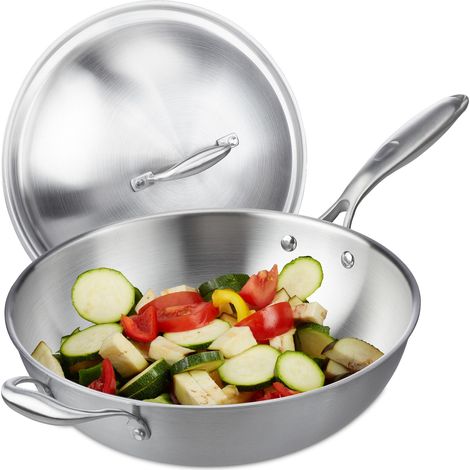Relaxdays Wok, 32 cm, Uncoated Stainless Steel, Gas, Induction & Electric Hobs, Stir Fry Pan with Lid and Handle, Silver