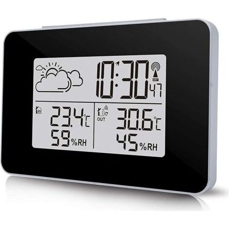 Station Météo sans Fil, Horloge Météo Multifonctionnelle Numérique avec Météo Extérieure/Température/Humidité/Rétro-éclairage/Alarme Roupillon Une Fonction (Noir) (1/5)