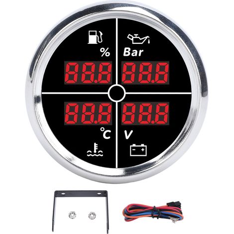 52-mm-Multifunktionsinstrument (4-in-1), Digitalanzeige, Kraftstoffstand, Öldruck, Wassertemperatur, Voltmeter mit Hintergrundbeleuchtung für Boote/Wohnmobile (81000329), silberne Lünette, schwarzes Z