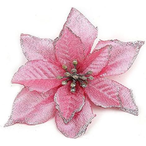 Poinsettia Artificielle - Fleur En Soie Avec Paillettes - Diamètre 13 Cm - Pour Décoration De Sapin De Noël, Guirlande Et Couronne - Lot De 12 Pièces (1/5)