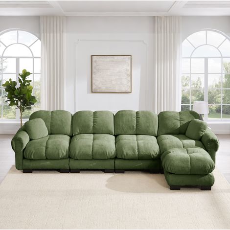 Sofá chaise longue modular 330/149 cm de chenilla verde con puf móvil, 4 plazas (1/5)
