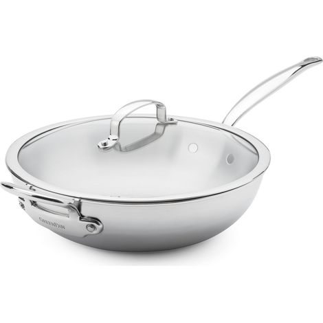 Wok Inox 18/10 avec Couvercle Verre, 30 cm/4,74 L, Multicouche, Inox Poli, Compatible Induction, Lave-Vaisselle, Passe au Four 220 °C, Argent (1/5)