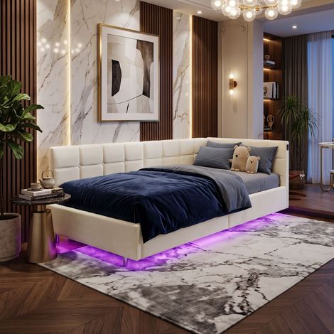Creahappy Lit Banquette Coffre 90x200 cm Gain d'Espace & Rangement Hydraulique Velours Crème Style Contemporain - LED RGB & USB (1/5)
