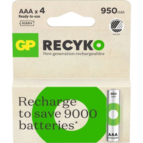 Pilas recargables GP Battery Recyko de 1,5 V, minilápiz óptico AAA de 950 mAh (4 unidades)
