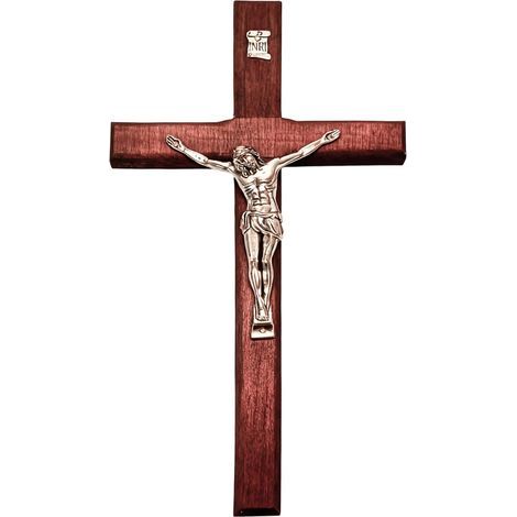 Crocifisso da parete in legno 20 × 11,5 cm, croce cattolica con Gesù Cristo, decorazione murale cristiana effetto platino (1/5)