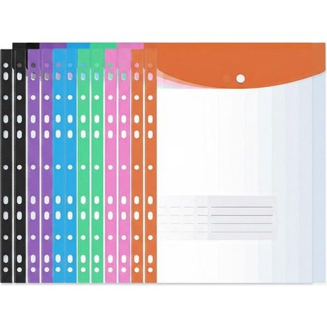 12 carpetas para documentos tamaño A4, disponibles en 6 colores, impermeables y con 11 perforaciones, ideales para organizar documentos en papel (1/5)