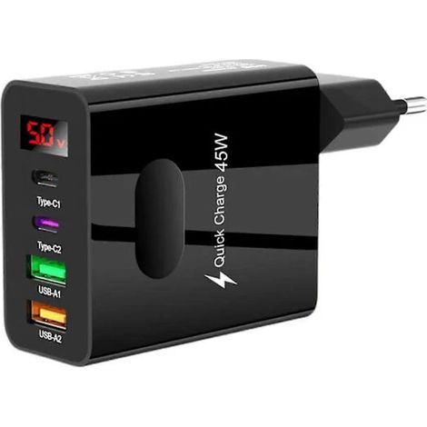 Chargeur rapide multi-ports avec 2 ports USB Type-C 45 W, adaptateur de charge USB, format numérique noir (1/5)