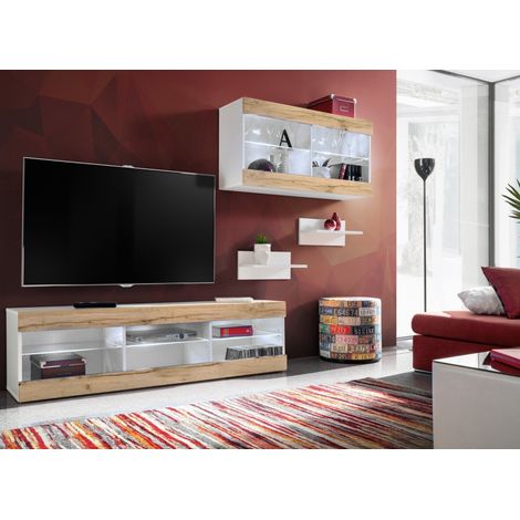 Komodee, Ensemble de Meubles Tivoli SET3,Blanc/Wotan, Largeur 240cm x Hauteur 159 cm x Profondeur 35 cm, sans LED, pour Salon, Chambre à coucher (1/5)