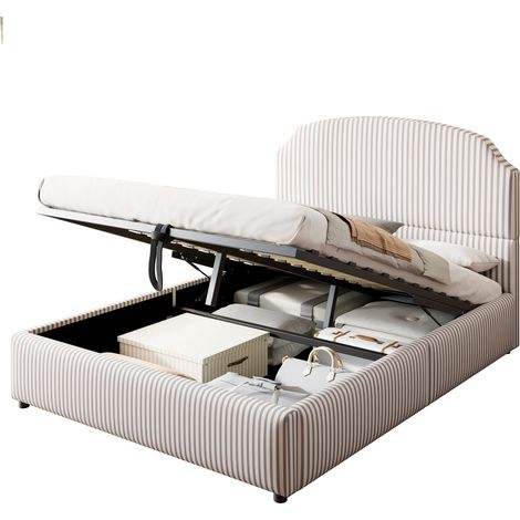 Lit capitonné 140200, équipé d’un système de rangement hydraulique et d’un coffre de rangement, lit double, tissu rayé de haute qualité, avec une large tête de lit (1/5)