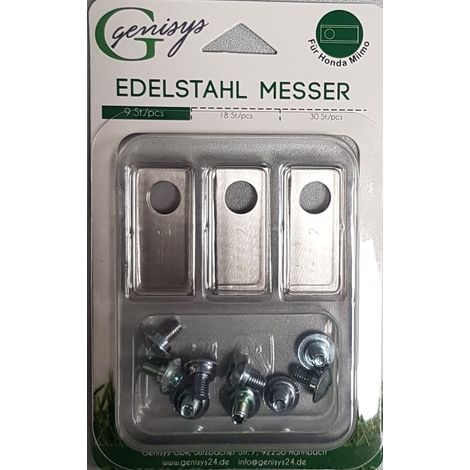 Genisys 9 Ersatz Messer Klingen (LongLife - 0,75mm) + 9 Schrauben [DIN EN 50636 geprüft] kompatibel mit Honda Miimo 310 520 3000