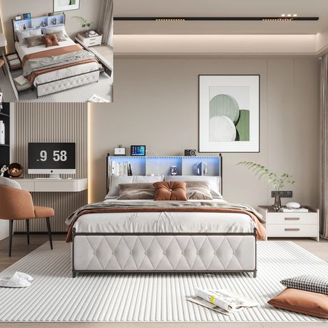 Structure de Lit avec 4 Tiroirs Coulissants 140 x 200 cm, Lit Double, avec LED, ports USB, tête de lit Rangement, Velours Beige