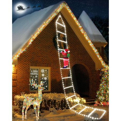 Guirlande lumineuse de Noël en forme d'échelle de 3 m avec Père Noël - Lumières de Noël extérieures à LED, 8 modes d'éclairage pour décoration de Noël intérieure et extérieure (blanche) (1/5)
