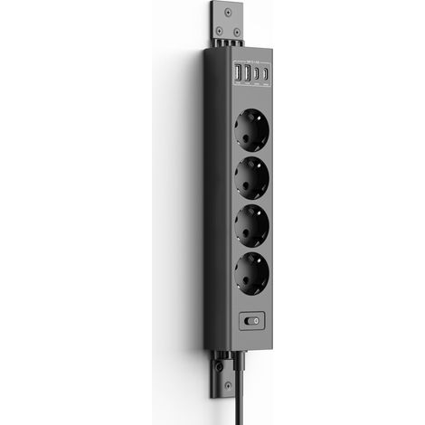 Multiprise Murale avec Interrupteur, 360° Montage Murale 2m, Multiprise 4 Prises avec Port USB Charge Rapide, parafoudre et surtension, Rallonge Electrique pour Cuisine Bureau (1/5)