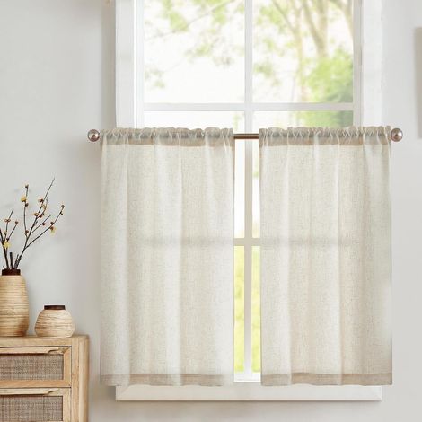 Lot de 2 Rideaux Brise-bise en Lin Beige avec Cordon de Serrage pour Porte de Balcon, Caravane, Style Maison de Campagne, Ferme, Courts, Semi-Transparents, 65 x 115 cm (l x H) (1/5)